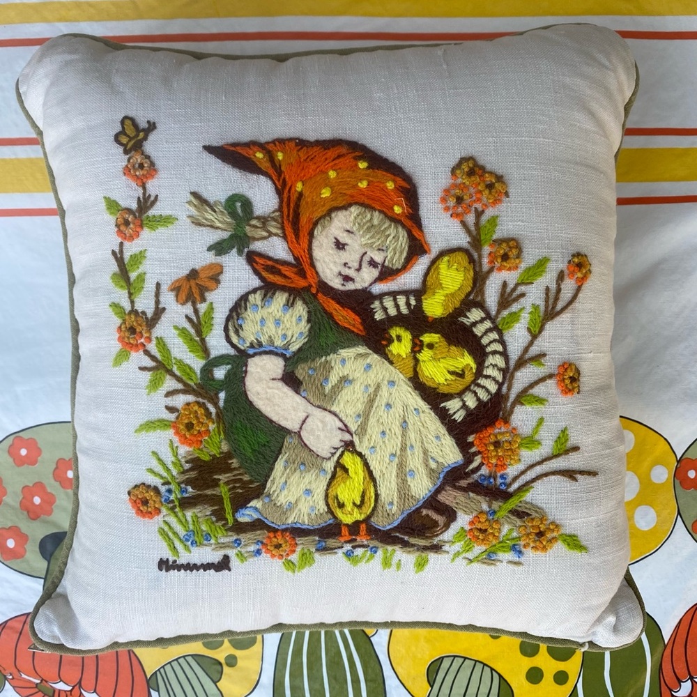 Embroidered Girl & Chicks Decorative Accent Pillow - White/Cream
